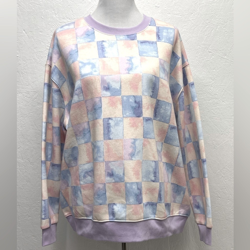 OVERSIZED Crewneck Checkered Print Tye-Dye Sweatshirt - Wild Fable - Picture 2 of 9